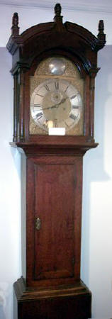 Restored antique oak grandfather clock, made in Banff, Scotland.